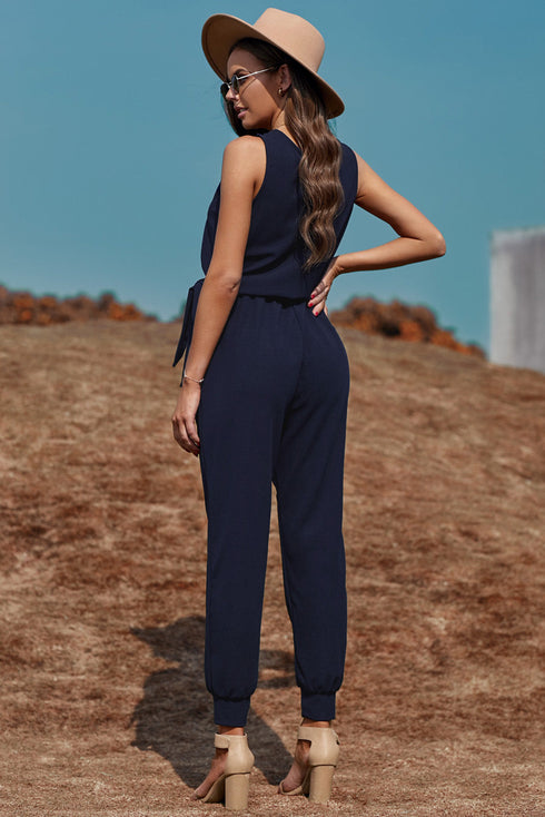 Deep V-Neck Sleeveless Solid Jumpsuit